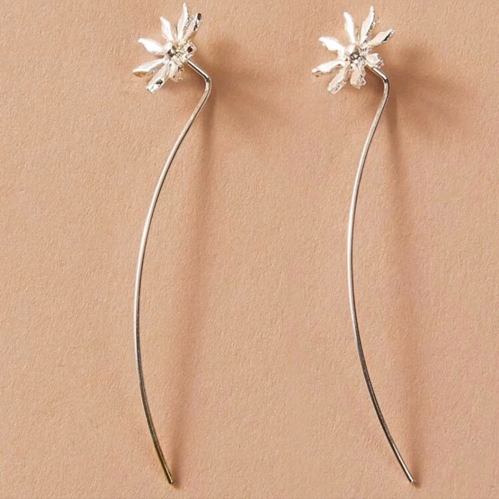 Flower Long Drop Threader Style Earrings - Picture 2 of 2